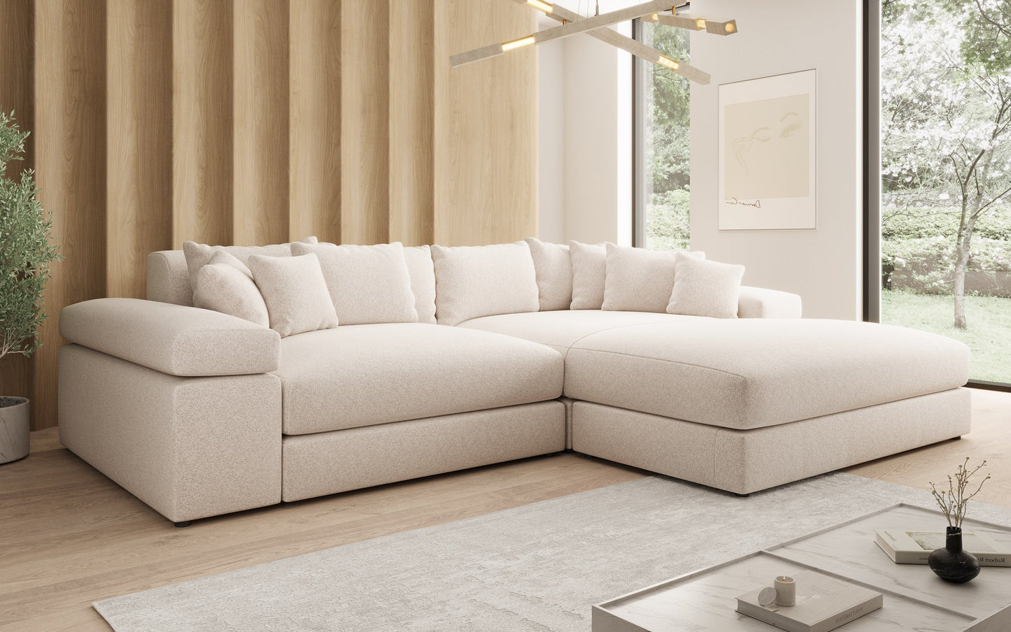 Luxusbetten24 Bernardo Sofa mit breiter Ottomane aus Strukturstoff