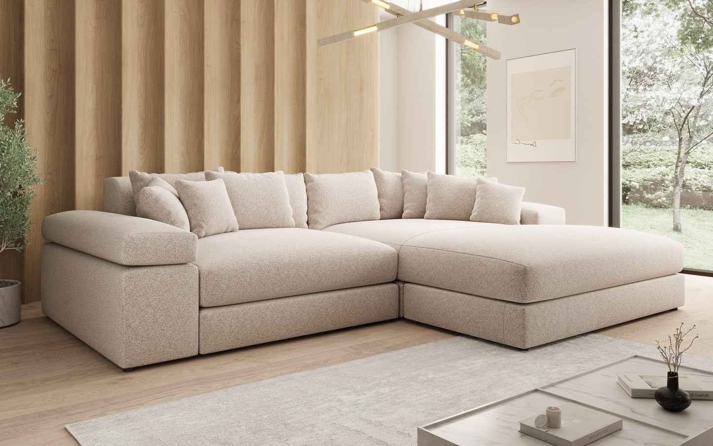 Luxusbetten24 Bernardo Sofa mit breiter Ottomane aus Strukturstoff