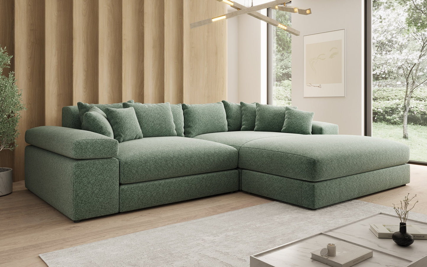 Luxusbetten24 Bernardo Sofa mit breiter Ottomane aus Strukturstoff