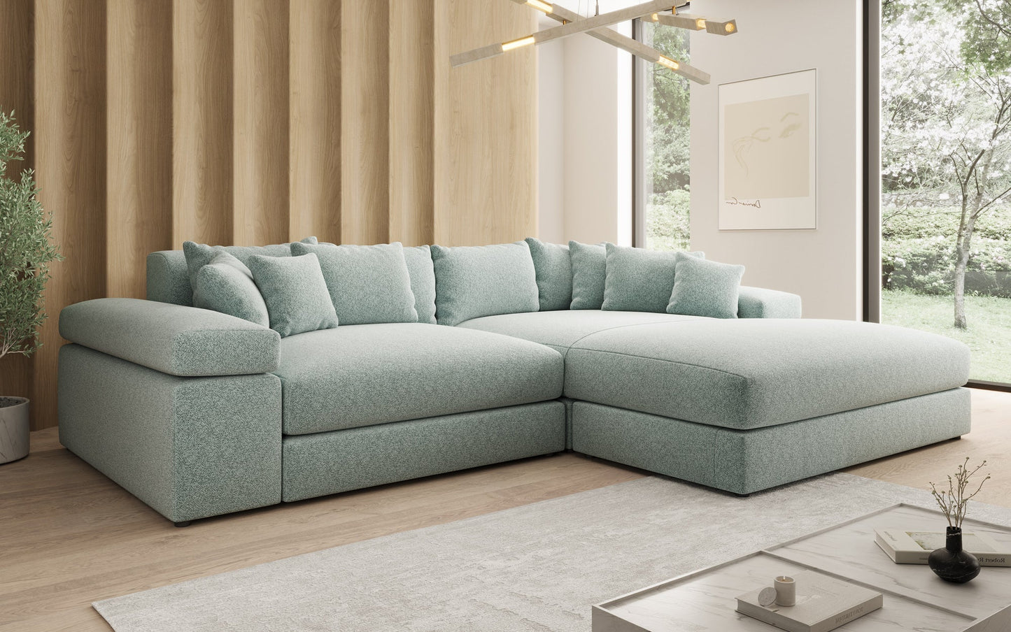 Luxusbetten24 Bernardo Sofa mit breiter Ottomane aus Strukturstoff