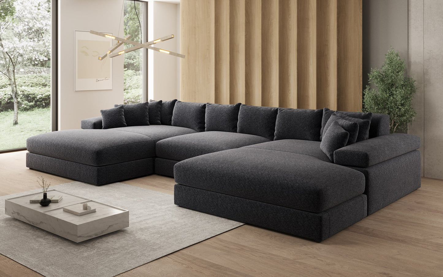 Bernardo U Designer Sofa mit breiter Ottomane aus Strukturstoff