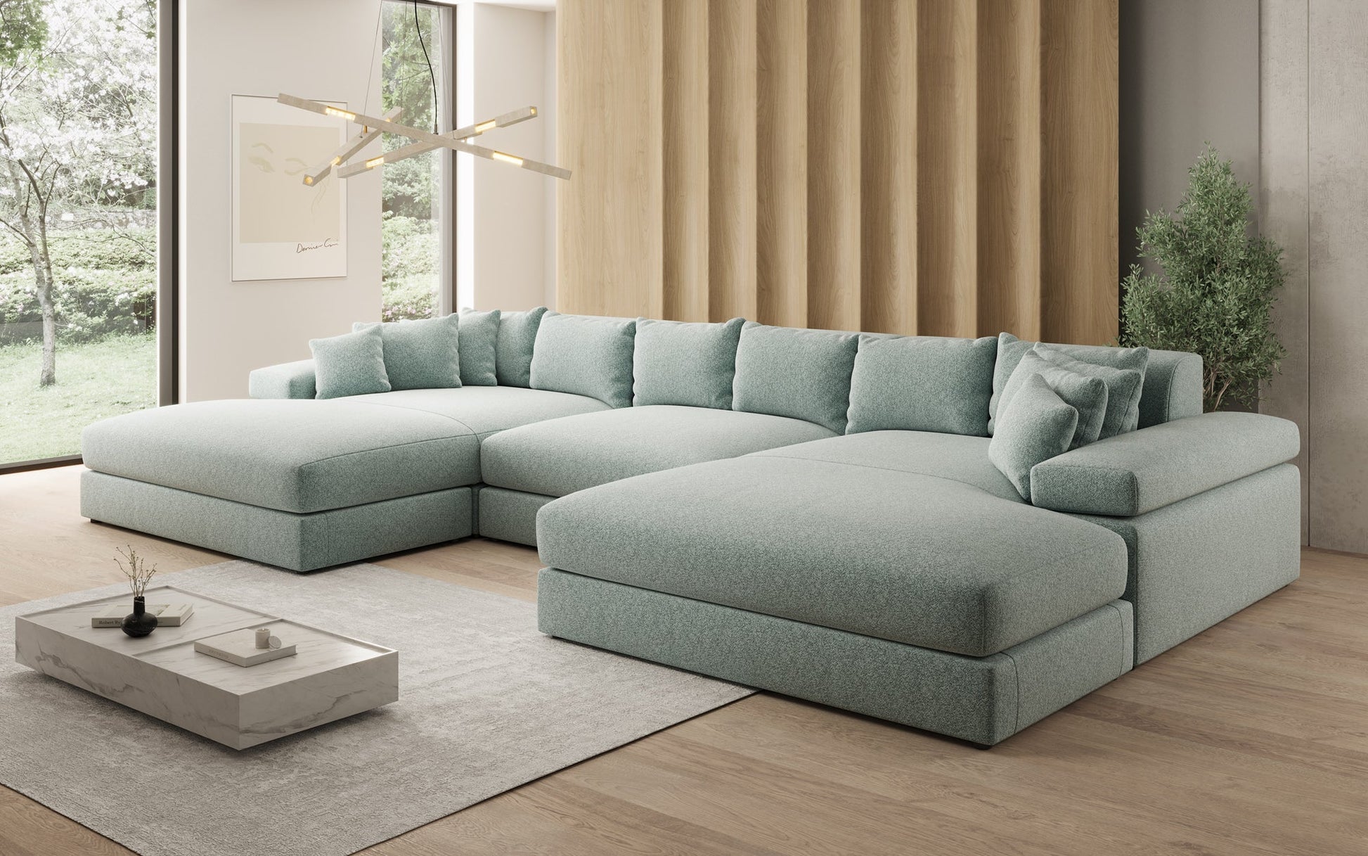 Bernardo U Designer Sofa mit breiter Ottomane aus Strukturstoff