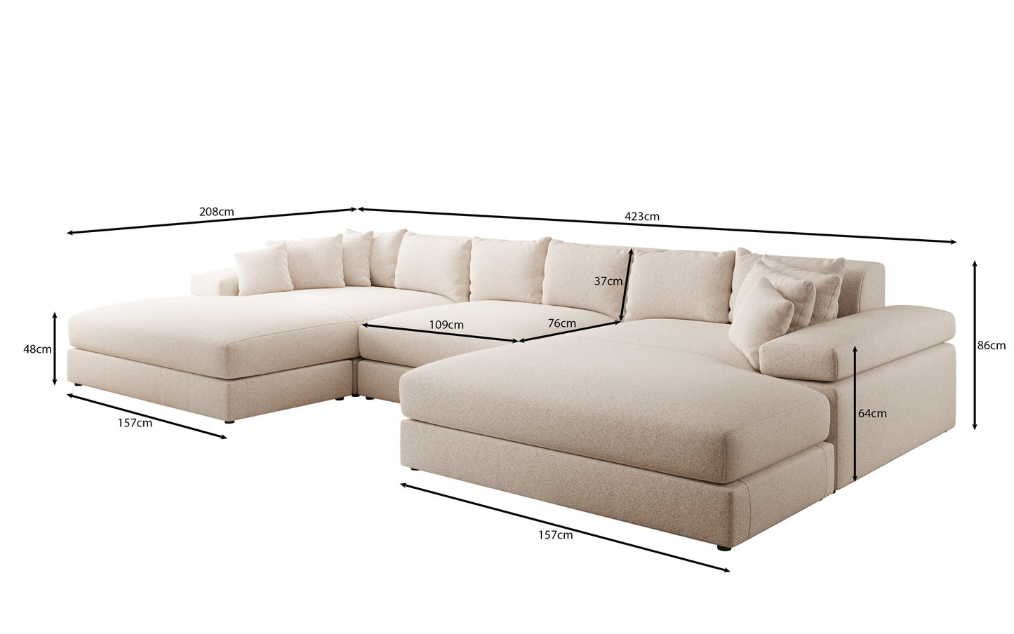 Bernardo U Designer Sofa mit breiter Ottomane aus Strukturstoff