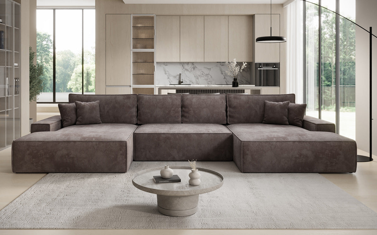 Luxusbetten24 Designer Sofa Verona U mit Ottomane, Schlaffunktion, Cord