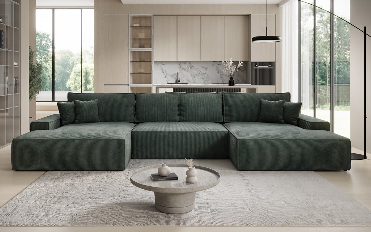 Luxusbetten24 Designer Sofa Verona U mit Ottomane, Schlaffunktion, Cord