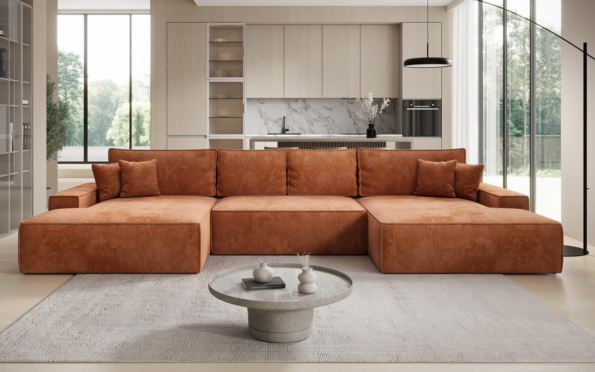 Luxusbetten24 Designer Sofa Verona U mit Ottomane, Schlaffunktion, Cord
