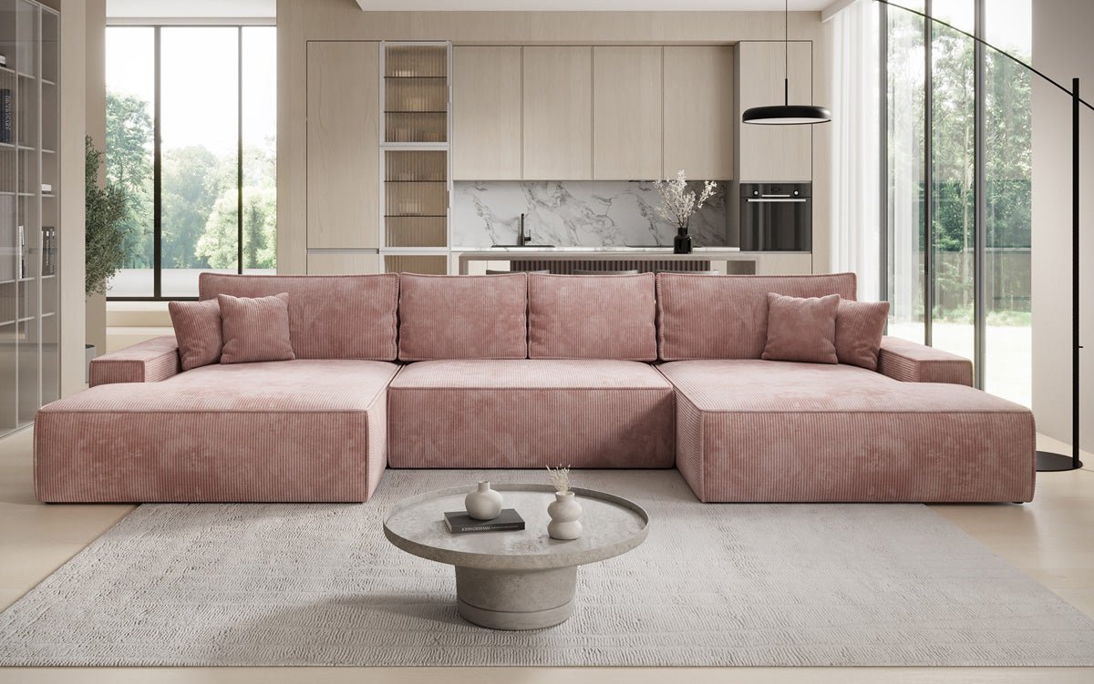 Luxusbetten24 Designer Sofa Verona U mit Ottomane, Schlaffunktion, Cord