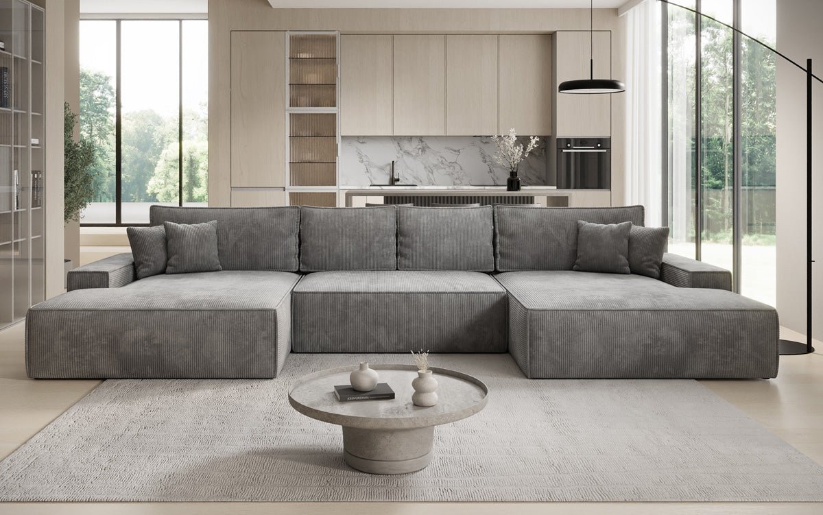 Luxusbetten24 Designer Sofa Verona U mit Ottomane, Schlaffunktion, Cord