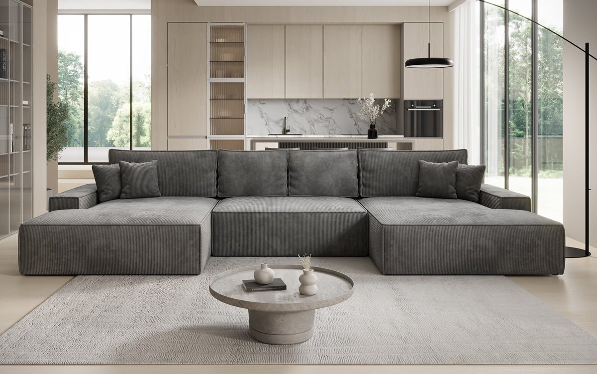 Luxusbetten24 Designer Sofa Verona U mit Ottomane, Schlaffunktion, Cord