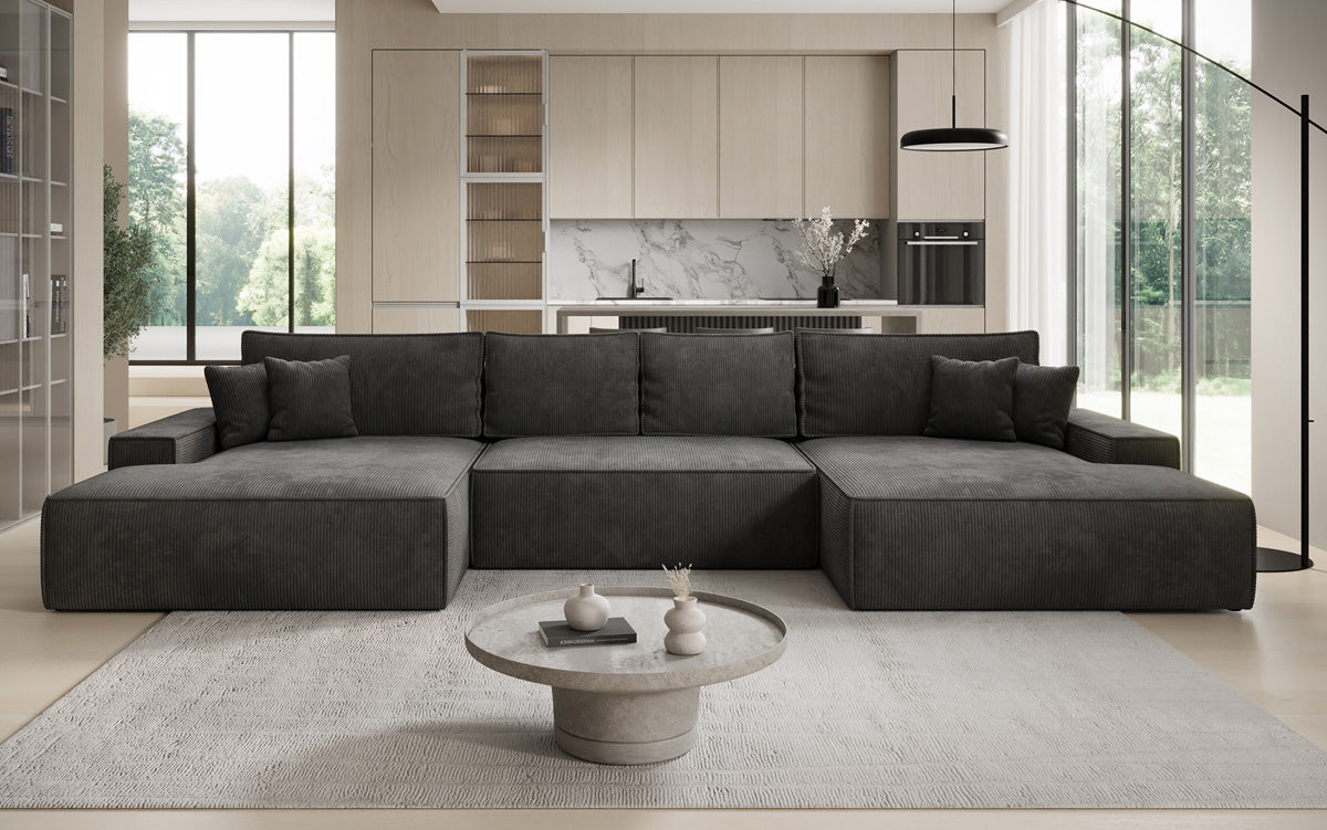 Luxusbetten24 Designer Sofa Verona U mit Ottomane, Schlaffunktion, Cord