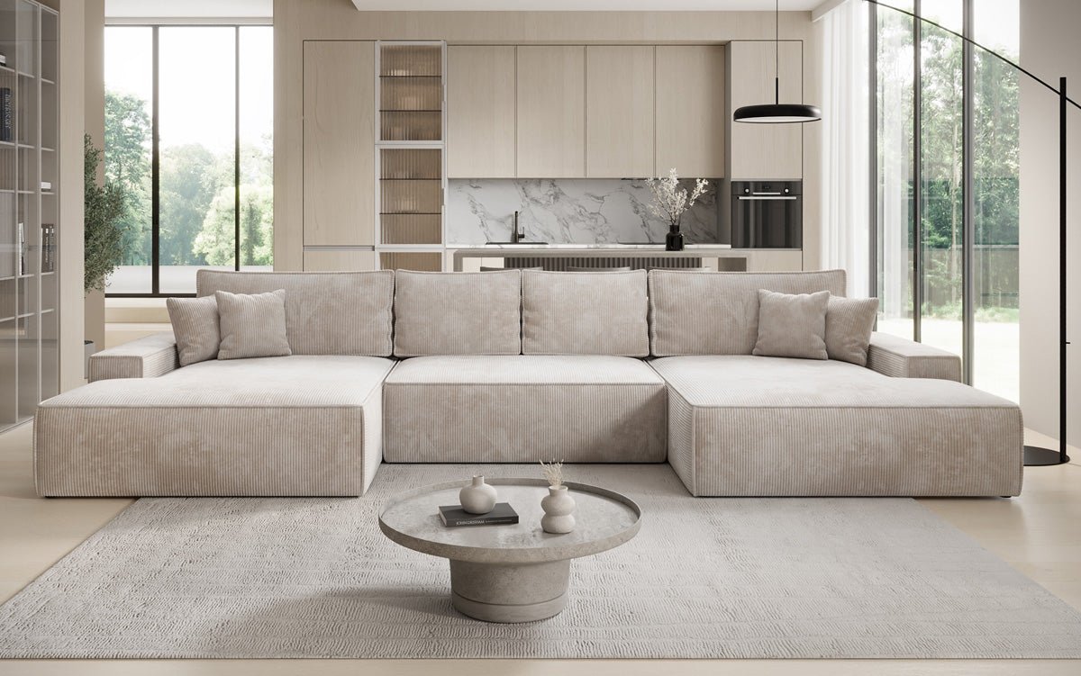 Luxusbetten24 Designer Sofa Verona U mit Ottomane, Schlaffunktion, Cord