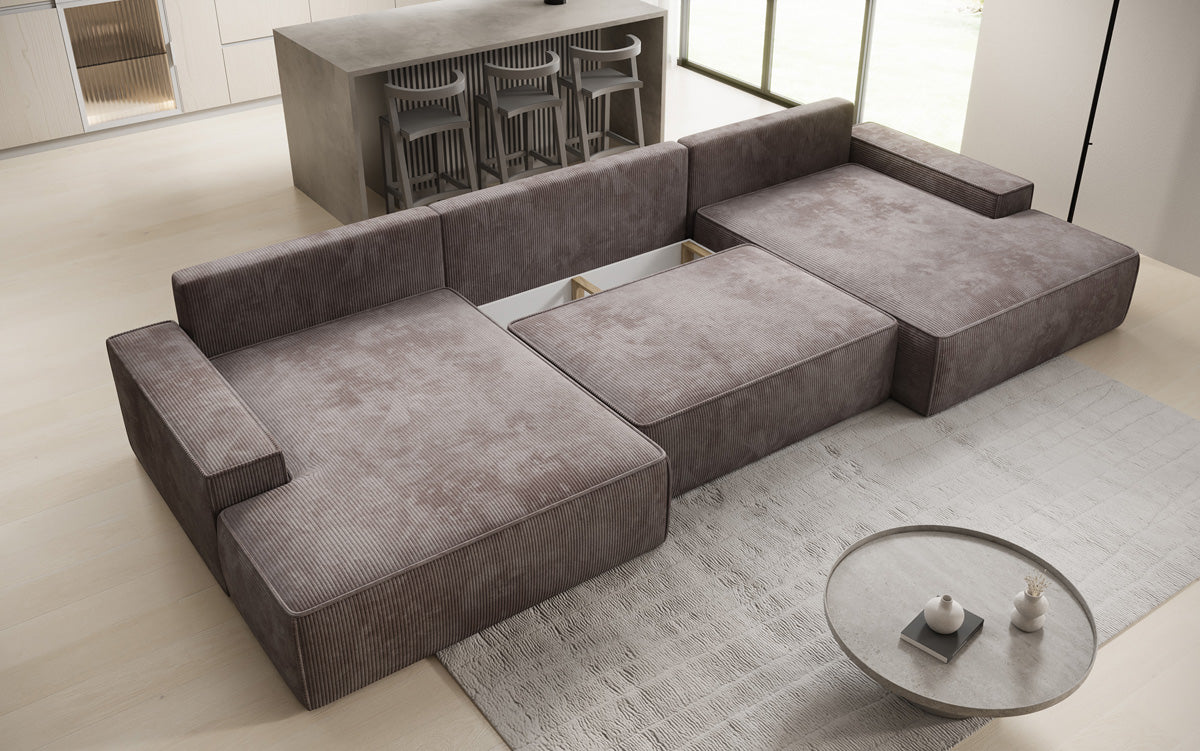 Luxusbetten24 Designer Sofa Verona U mit Ottomane, Schlaffunktion, Cord