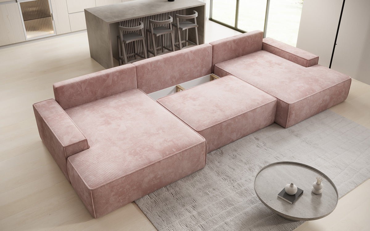 Luxusbetten24 Designer Sofa Verona U mit Ottomane, Schlaffunktion, Cord