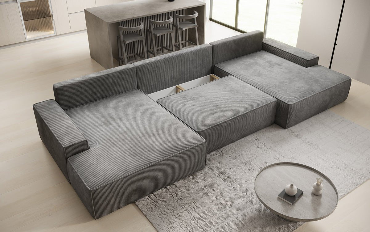 Luxusbetten24 Designer Sofa Verona U mit Ottomane, Schlaffunktion, Cord