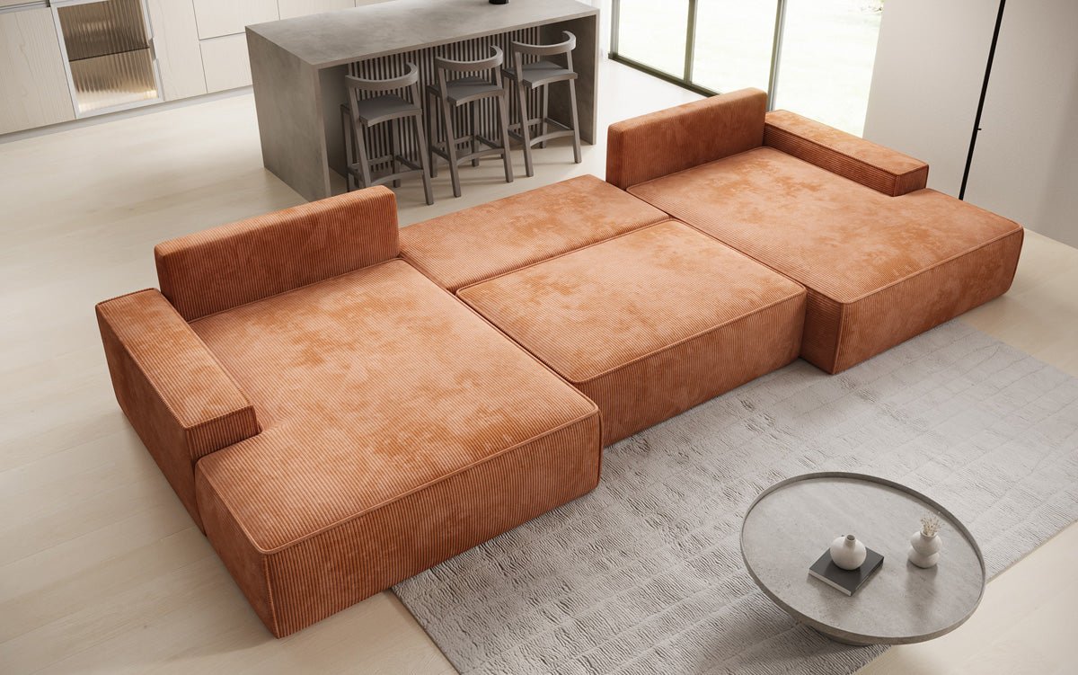 Luxusbetten24 Designer Sofa Verona U mit Ottomane, Schlaffunktion, Cord