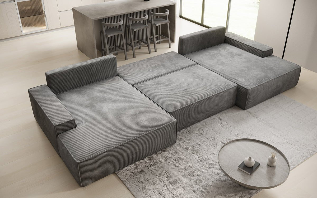 Luxusbetten24 Designer Sofa Verona U mit Ottomane, Schlaffunktion, Cord