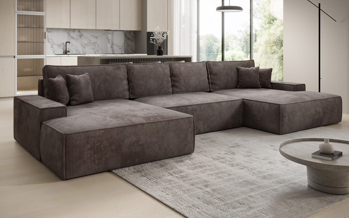Luxusbetten24 Designer Sofa Verona U mit Ottomane, Schlaffunktion, Cord