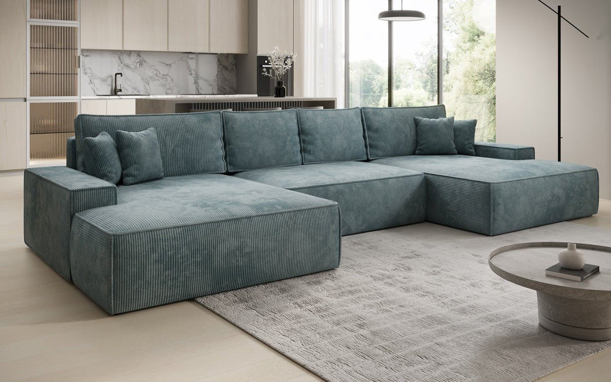 Luxusbetten24 Designer Sofa Verona U mit Ottomane, Schlaffunktion, Cord