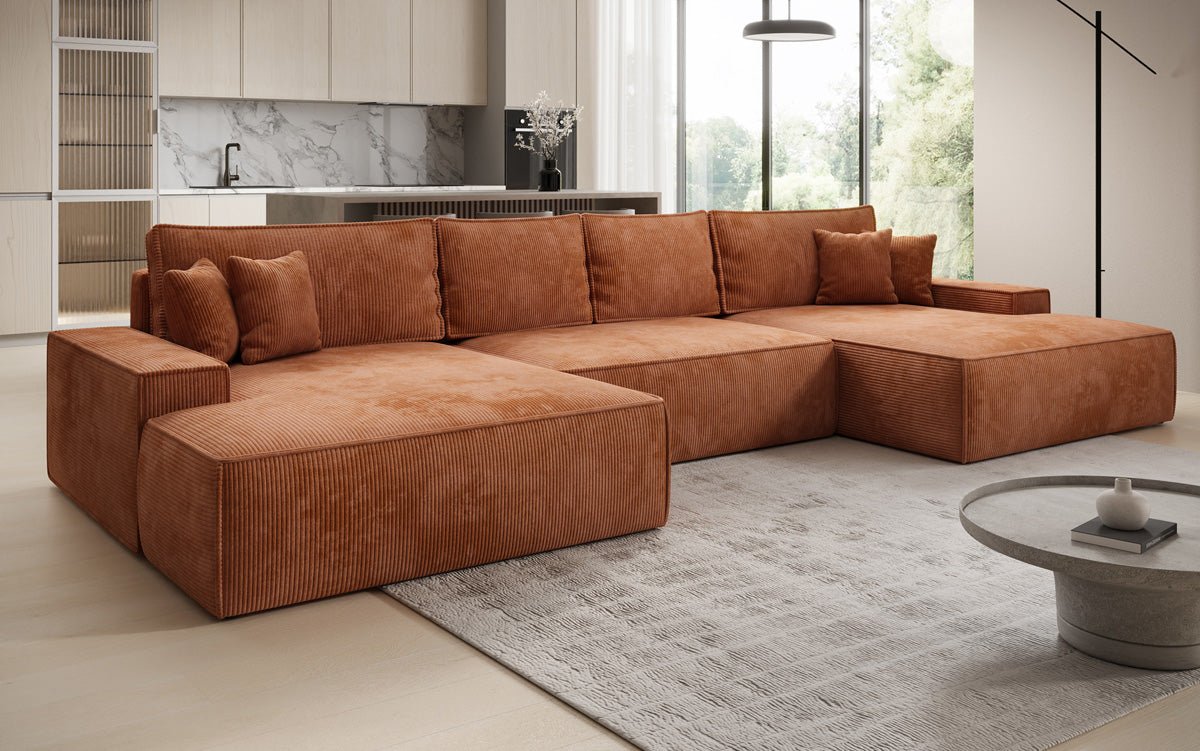 Luxusbetten24 Designer Sofa Verona U mit Ottomane, Schlaffunktion, Cord