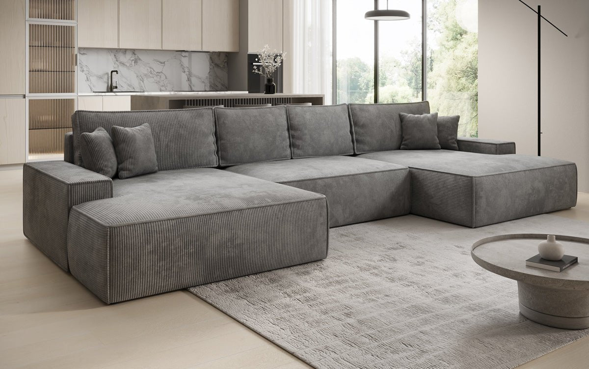 Luxusbetten24 Designer Sofa Verona U mit Ottomane, Schlaffunktion, Cord