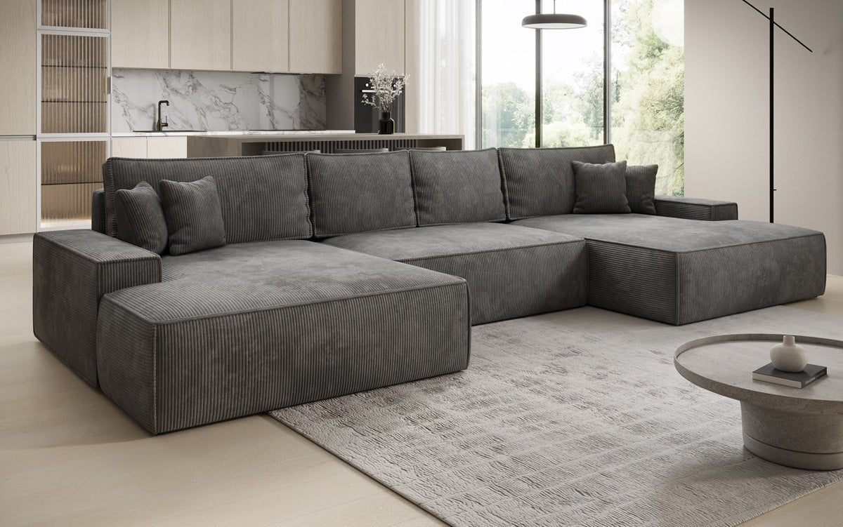 Luxusbetten24 Designer Sofa Verona U mit Ottomane, Schlaffunktion, Cord