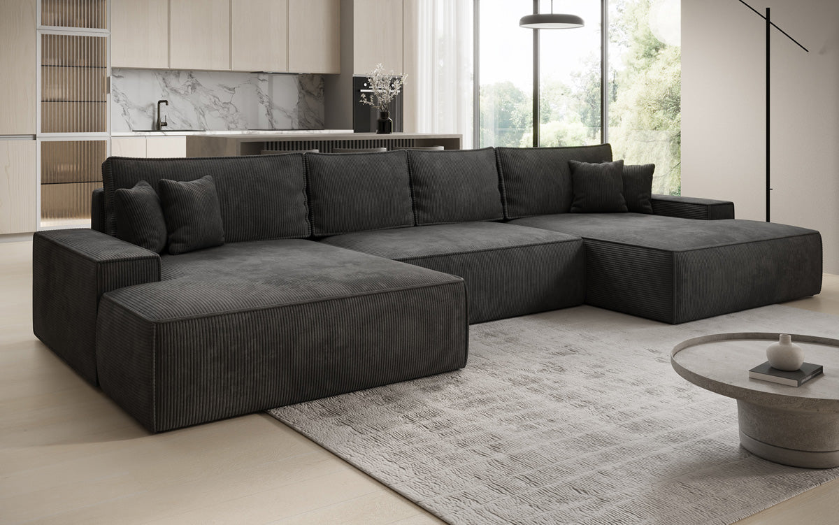 Luxusbetten24 Designer Sofa Verona U mit Ottomane, Schlaffunktion, Cord