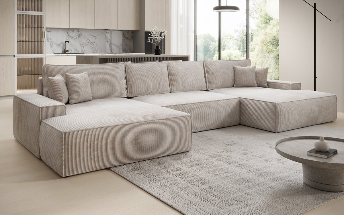 Luxusbetten24 Designer Sofa Verona U mit Ottomane, Schlaffunktion, Cord