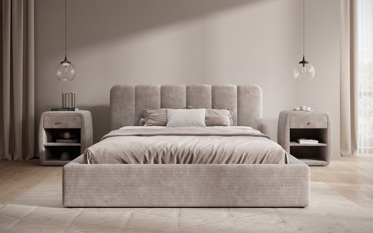 Designer Polsterbett Nerra in Cord mit Stauraum