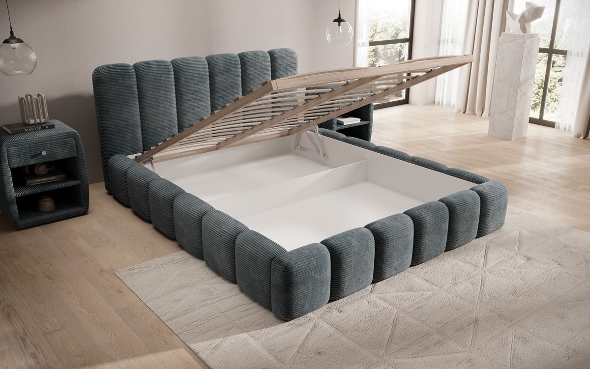 Luxusbetten24 Tevara Polsterbett in Cord mit Stauraum für Schlafzimmer