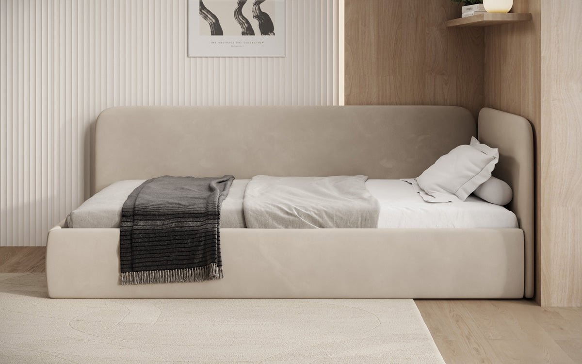 Luxusbetten24 Cleo Designer Polsterbett mit Stauraum, Samt, Links/Rechts