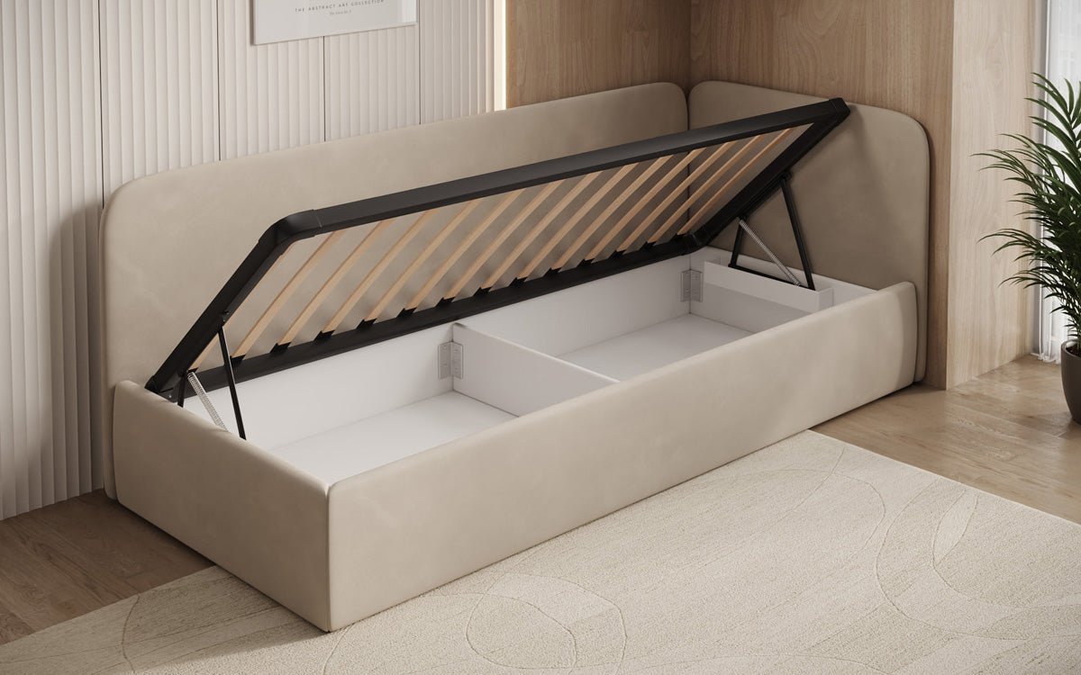 Luxusbetten24 Cleo Designer Polsterbett mit Stauraum, Samt, Links/Rechts