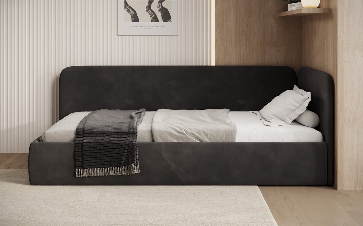 Luxusbetten24 Cleo Designer Polsterbett mit Stauraum, Samt, Links/Rechts