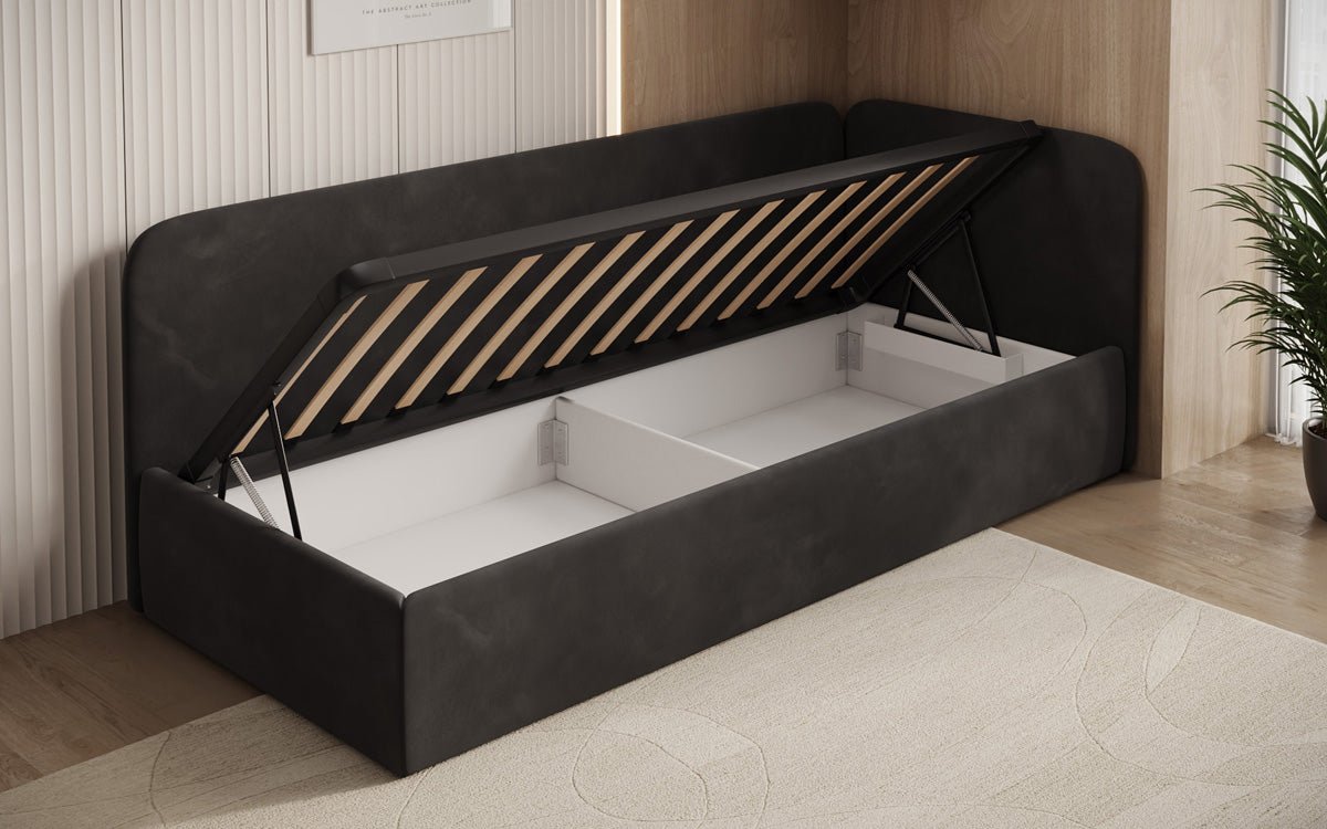 Luxusbetten24 Cleo Designer Polsterbett mit Stauraum, Samt, Links/Rechts