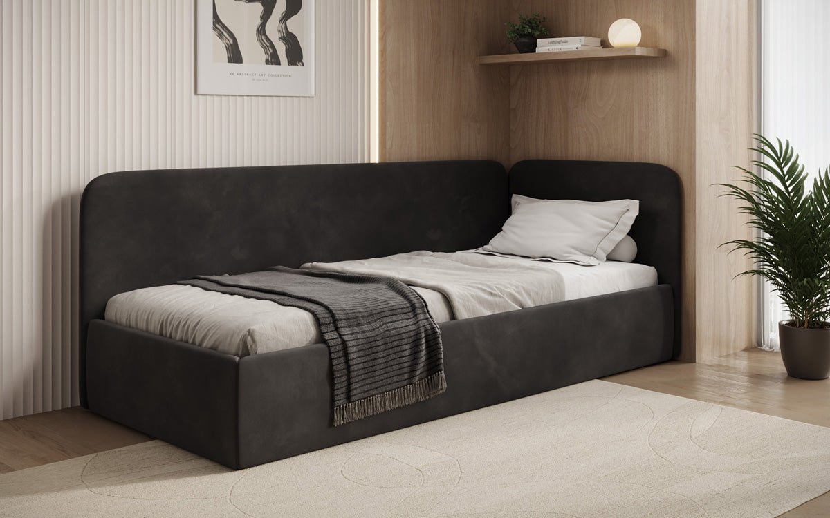 Luxusbetten24 Cleo Designer Polsterbett mit Stauraum, Samt, Links/Rechts