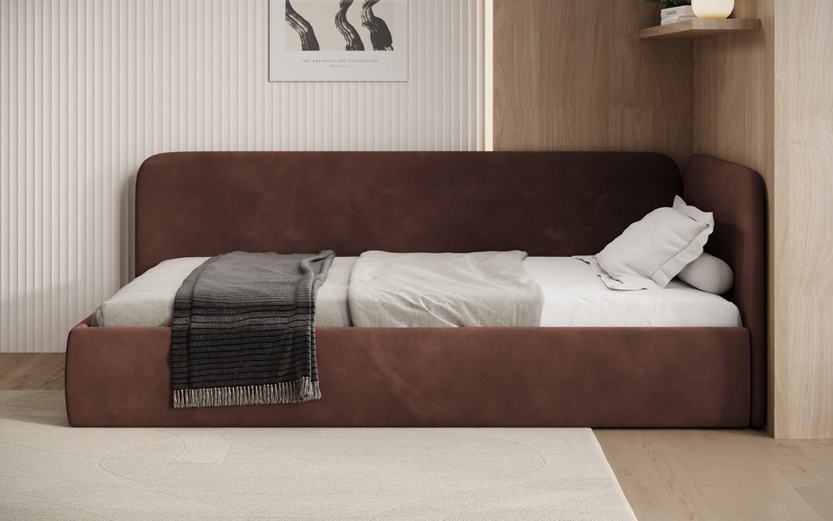 Luxusbetten24 Cleo Designer Polsterbett mit Stauraum, Samt, Links/Rechts