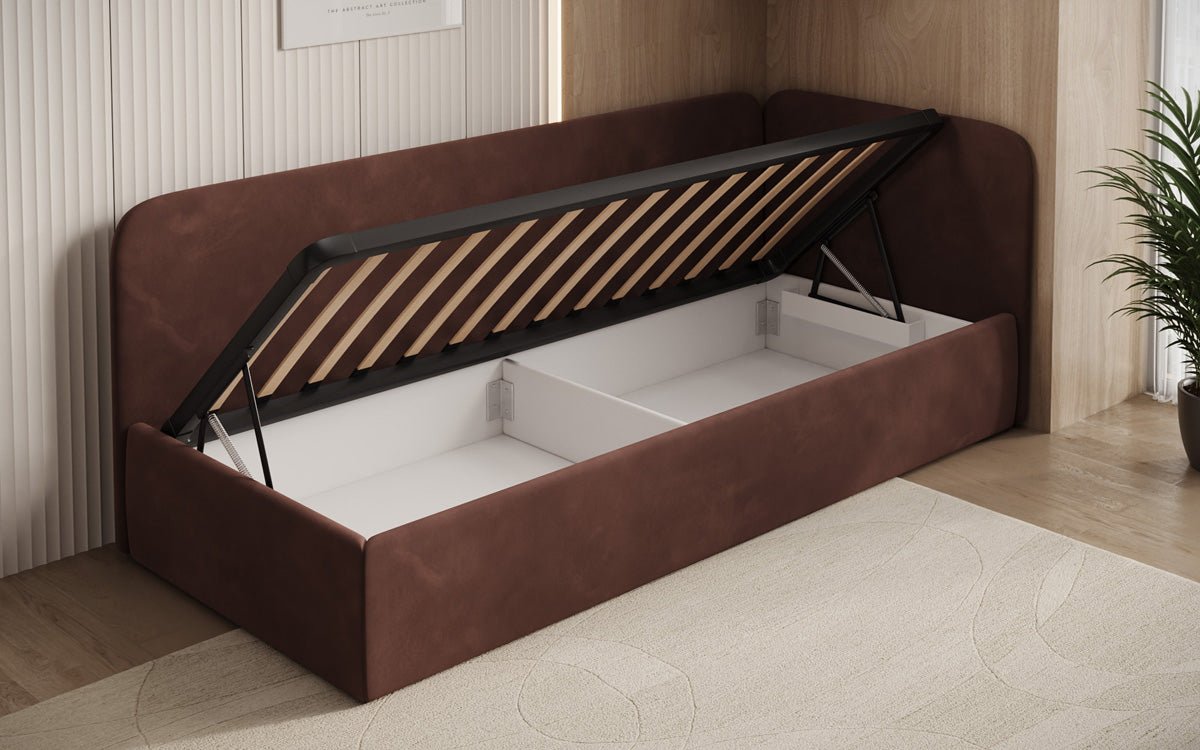 Luxusbetten24 Cleo Designer Polsterbett mit Stauraum, Samt, Links/Rechts