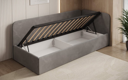 Luxusbetten24 Cleo Designer Polsterbett mit Stauraum, Samt, Links/Rechts