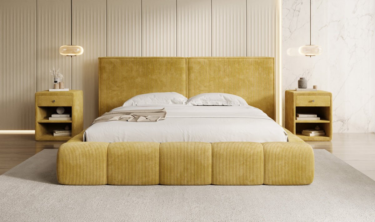 Designer Polsterbett Elise in Cord mit Stauraum