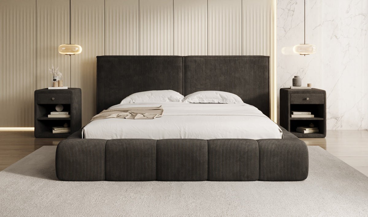 Designer Polsterbett Elise in Cord mit Stauraum