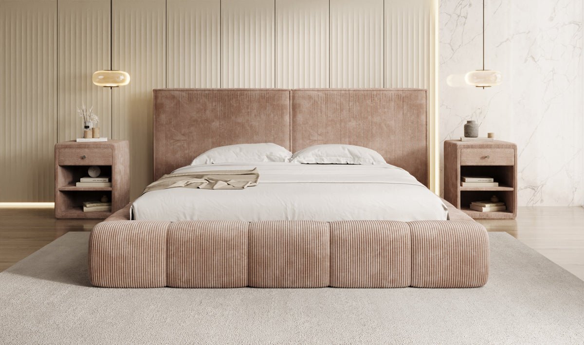 Designer Polsterbett Elise in Cord mit Stauraum