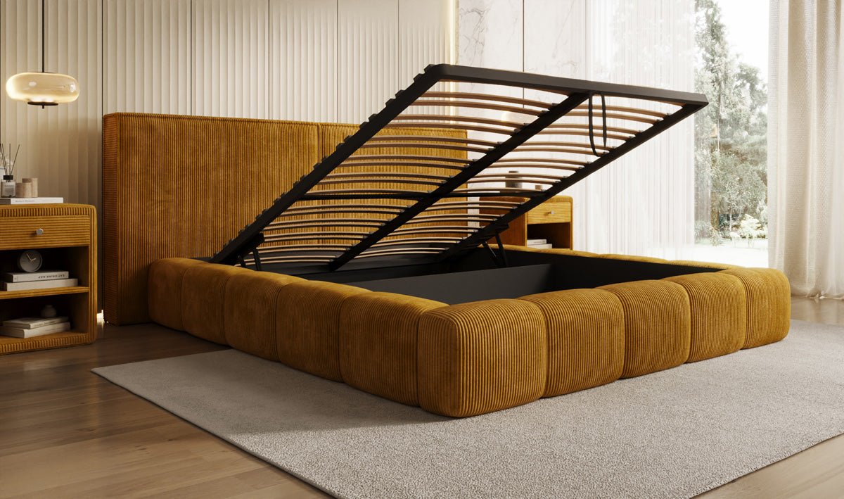 Designer Polsterbett Elise in Cord mit Stauraum
