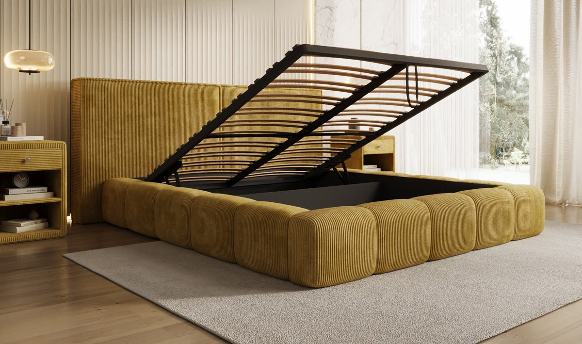 Designer Polsterbett Elise in Cord mit Stauraum