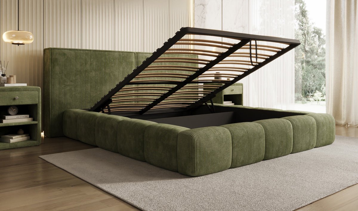 Designer Polsterbett Elise in Cord mit Stauraum