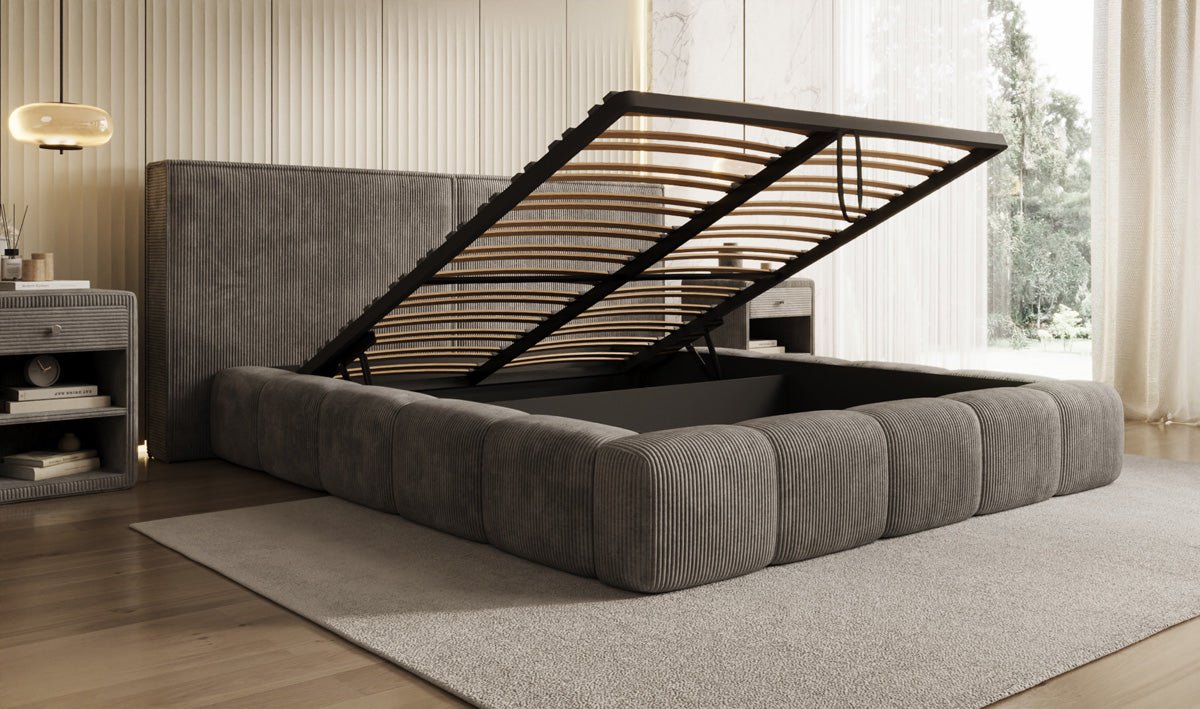 Designer Polsterbett Elise in Cord mit Stauraum