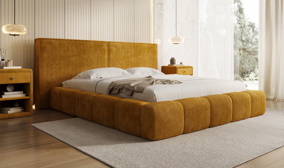 Designer Polsterbett Elise in Cord mit Stauraum