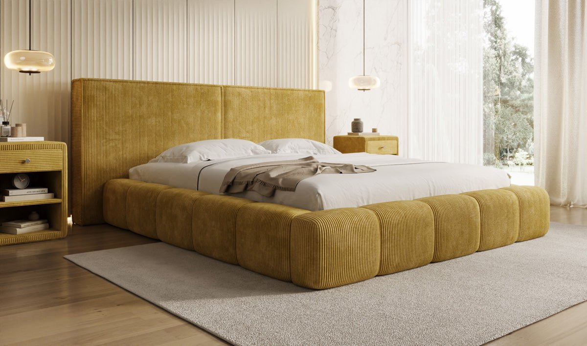 Designer Polsterbett Elise in Cord mit Stauraum