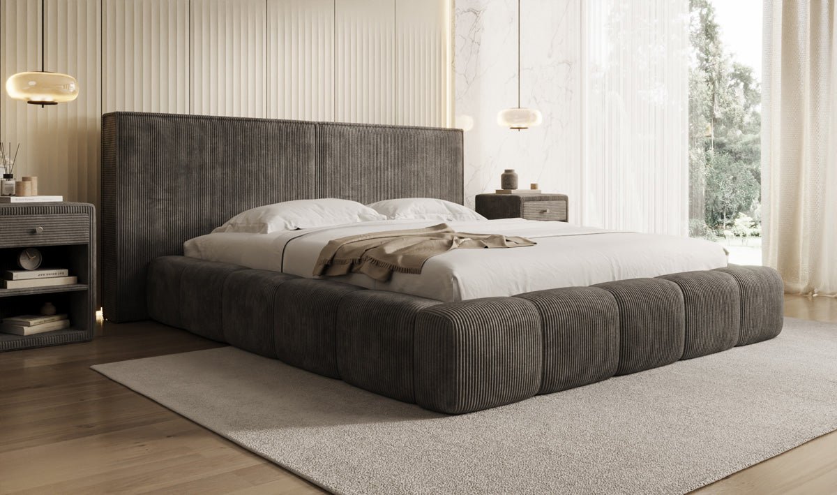 Designer Polsterbett Elise in Cord mit Stauraum