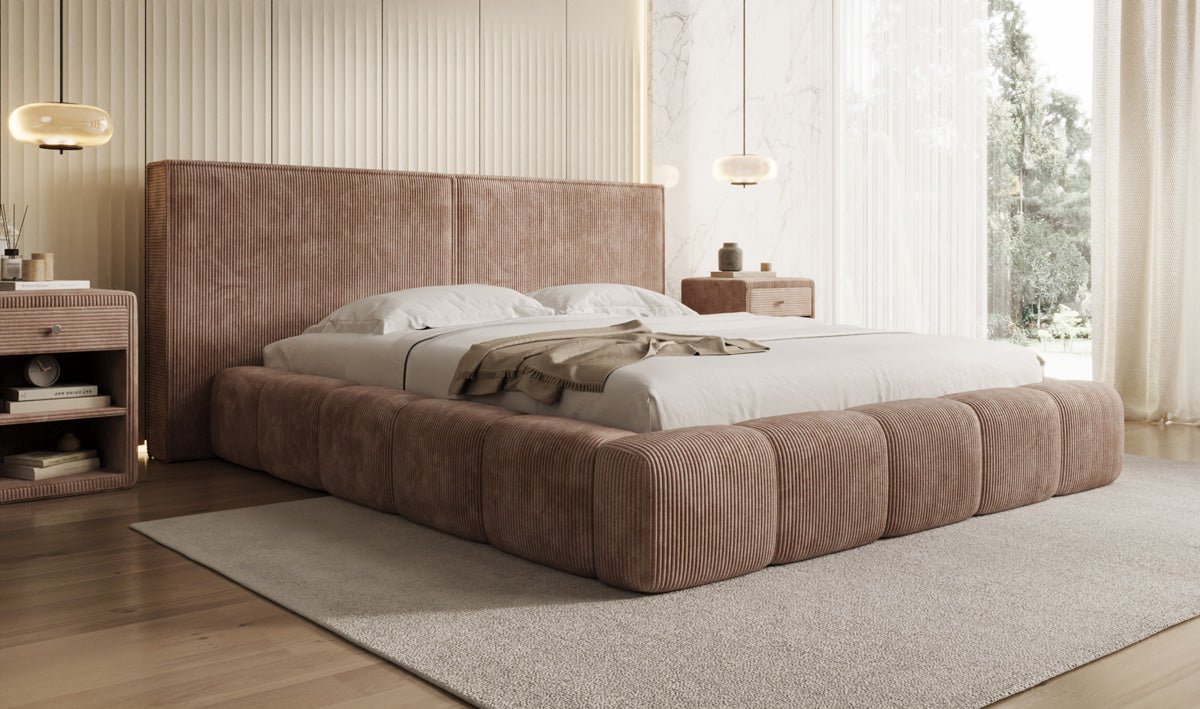 Designer Polsterbett Elise in Cord mit Stauraum