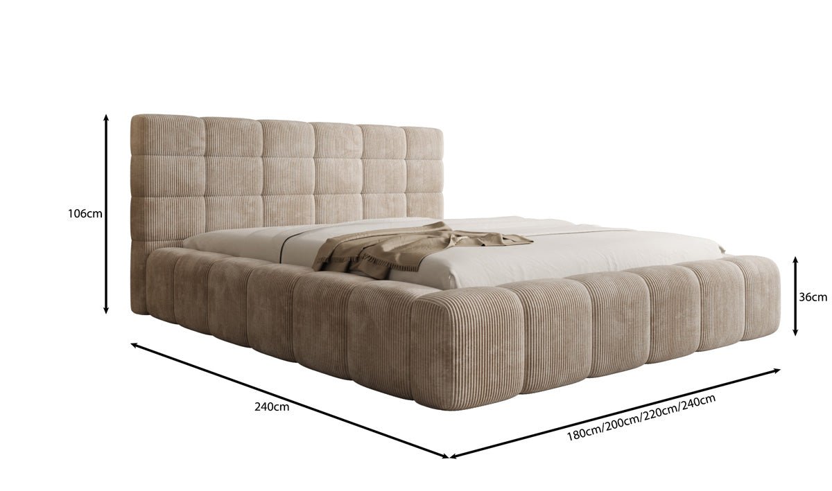 Designer Polsterbett Marshmallow aus Cord mit praktischem Stauraum