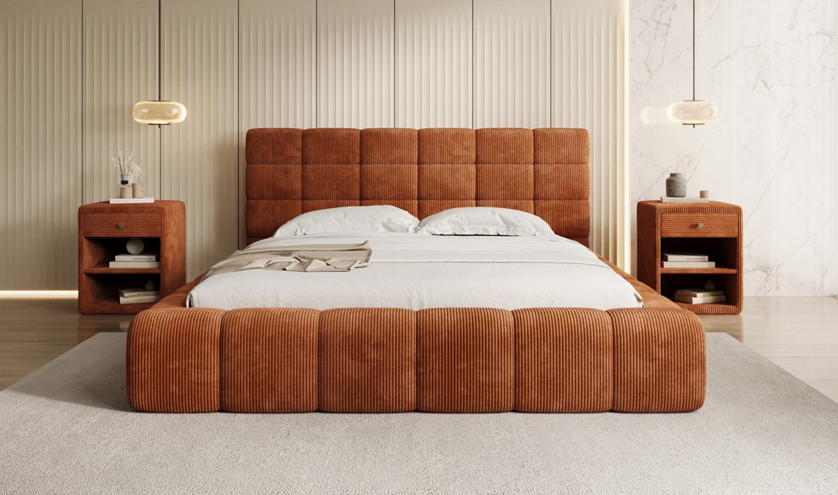 Designer Polsterbett Marshmallow aus Cord mit praktischem Stauraum